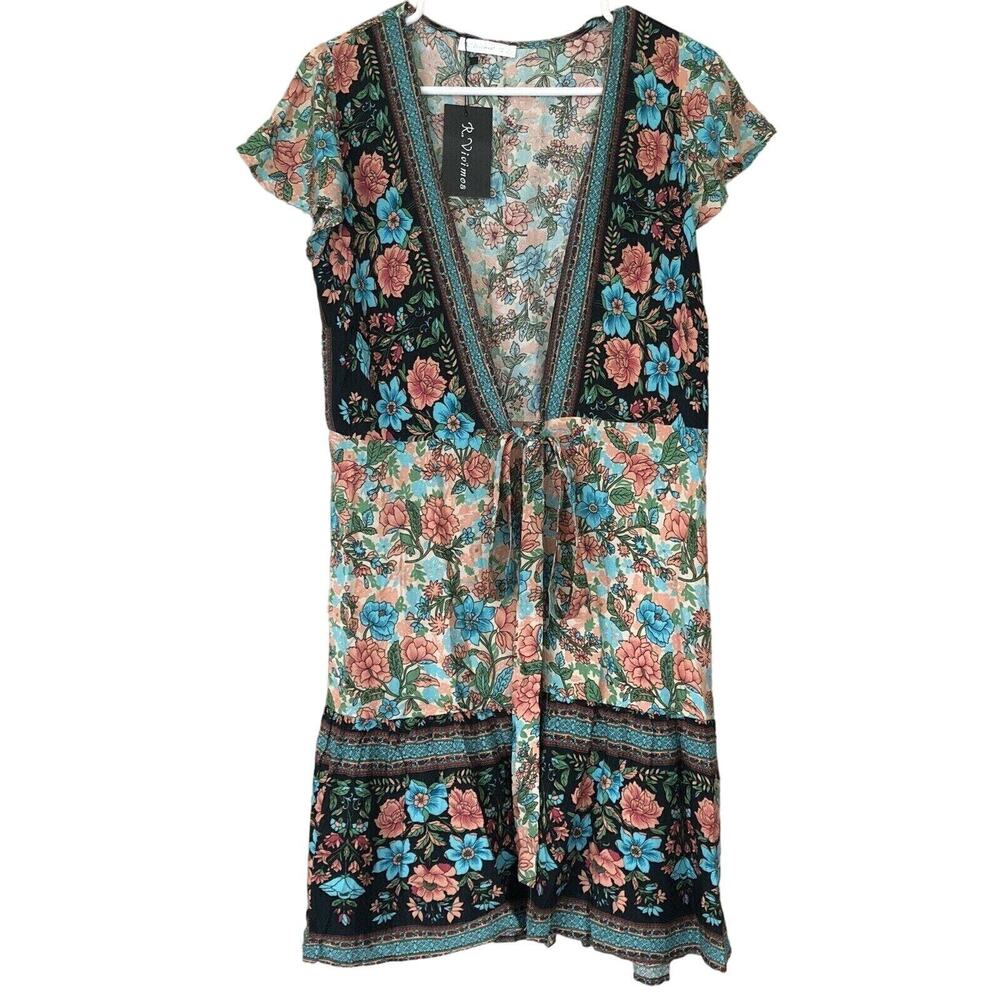 Floral V-Neck Tie-Waist top in Black & Teal